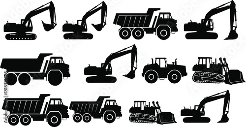Heavy earthmoving machinery silhouette set, featuring multiple excavators, dump trucks, and bulldozers vehicle vector graphics for large-scale construction and mining.