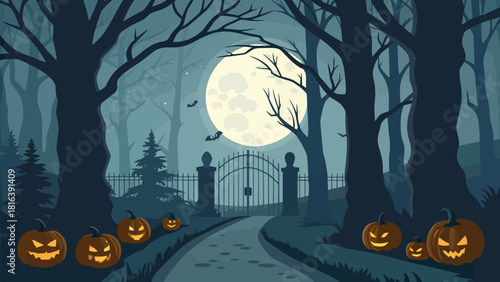 Spooky Halloween night scene with glowing pumpkins, haunting trees, and a full moon for seasonal designs
