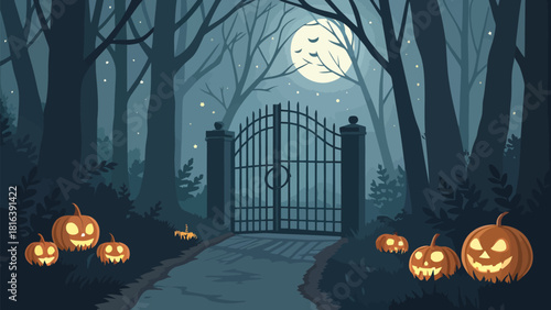 Spooky Halloween night scene with glowing pumpkins and moonlit gate in a mysterious forest illustration