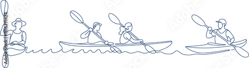 Continuous line kayaking illustration set featuring kayakers paddling on water, outdoor adventure sports, minimal line art for recreation design