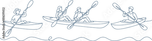 Continuous line kayaking illustration featuring kayakers paddling on water, outdoor adventure sport, minimal line art, recreation and travel design