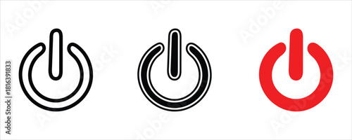 Set of power on off button icons in black and red isolated on