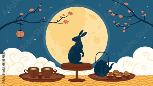 Mid-Autumn Festival celebration with rabbit, moon, tea, lantern, pastries, and festive floral branches
