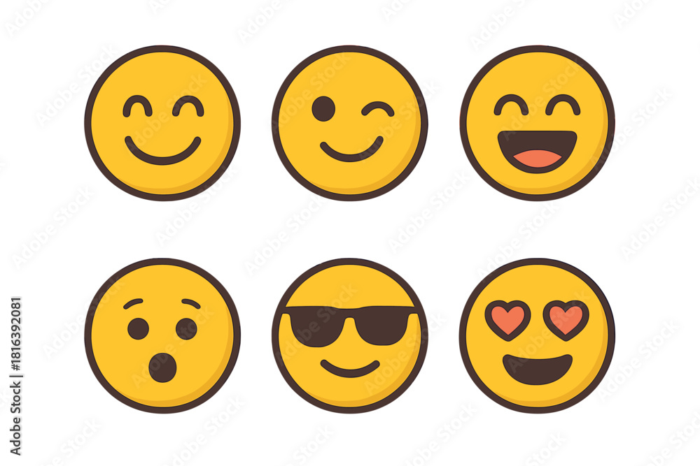 Fototapeta premium Set of six yellow facial expression icons displaying various emotions and moods for digital communication