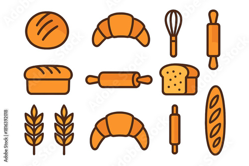 Fresh baked goods, bread loaves, croissants, wheat ears, and kitchen utensils set