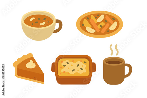Collection of traditional fall harvest dishes, comfort food, and hot beverages