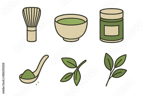 Matcha tea preparation set with chasen whisk, bowl, powder container, scoop, and fresh green leaves