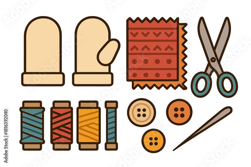 Knitting and sewing supplies collection with mittens, fabric, thread, buttons, scissors, and needle