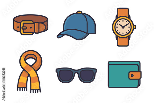 Men's essential accessories set including leather belt, blue cap, wristwatch, orange scarf, sunglasses, and wallet
