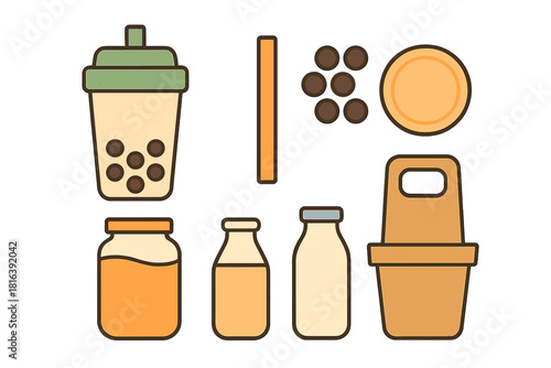 Bubble tea ingredients and packaging set with boba pearls, milk, tea, straw, and cup