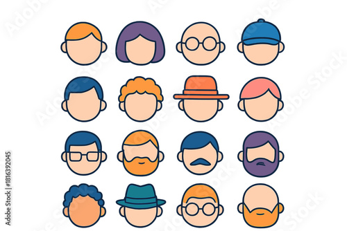 Diverse collection of faceless human avatar heads showing various hairstyles, hats, glasses, and facial hair