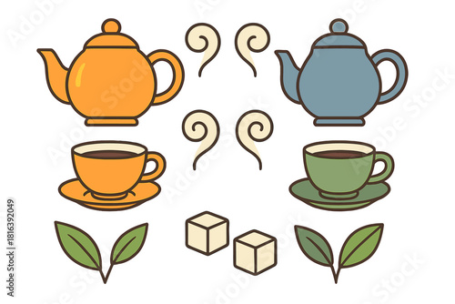 Colorful collection of teapots, teacups, sugar cubes, and tea leaves for hot drinks service
