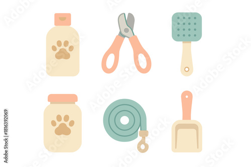 Collection of essential pet care and grooming tools including shampoo clippers brush and leash