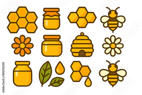 Sweet natural honey production icons set with bees, jars, honeycomb, and flowers