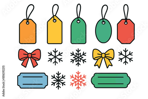 Colorful collection of blank price tags, labels, bows, and winter holiday snowflakes