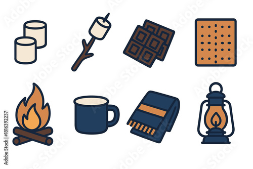 Cozy camping essentials including campfire, s'mores ingredients, mug, and warm blanket