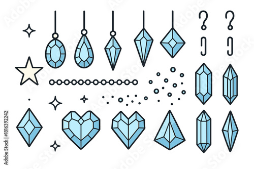 Blue faceted gemstones, crystal pendants, and decorative jewelry elements