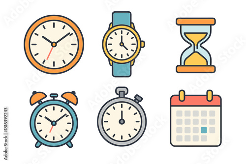 Colorful set of time management and scheduling icons featuring clocks and calendar