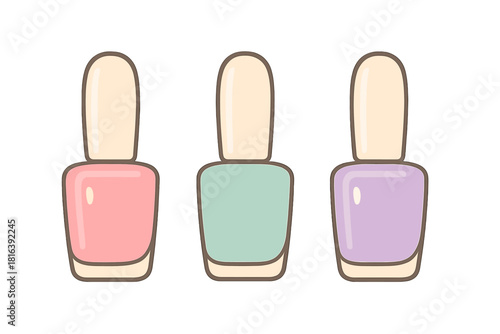 Three cosmetic nail lacquer bottles in soft pastel colors pink green and purple isolated on white background