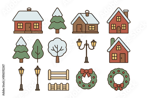 Cozy winter village elements including snowy houses, evergreen trees, streetlights, and festive wreaths
