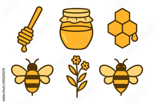 Sweet honey elements collection featuring jar, dipper, honeycomb, bees, and flower