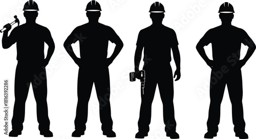 Professional construction worker and handyman silhouette set, featuring men in hard hats holding hammer and drill, posing with confidence vector graphics for labor.