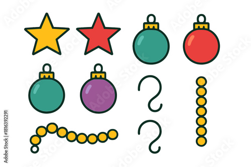 Colorful holiday decoration set with stars, round baubles, hanging hooks, and festive bead garlands