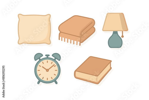 Cozy bedroom essentials set with pillow blanket alarm clock and reading book