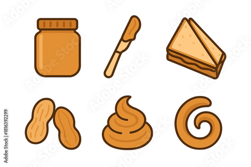 Set of peanut butter icons featuring jar, knife, sandwich, peanuts, and spread swirls