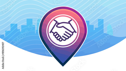Strong partnership handshake icon inside a modern location pin for business success and global connections