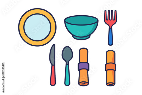 Vibrant collection of dining tableware and cutlery including plate bowl fork and knife