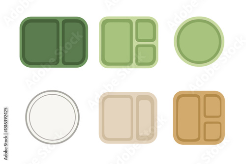 Six reusable food trays and plates with compartments in various shapes and natural colors