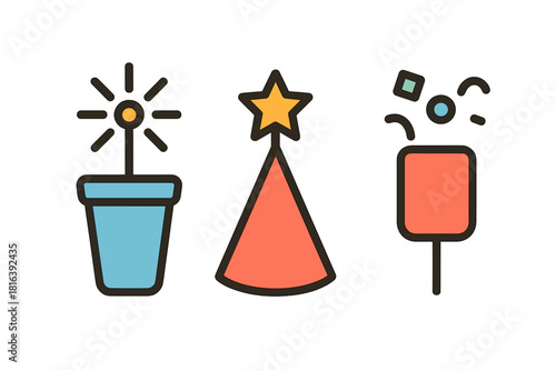 Colorful celebration icons set featuring a potted flower, festive party hat, and exploding confetti popper