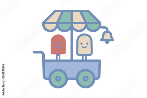 Cute ice cream cart with smiling popsicle characters and striped awning on wheels