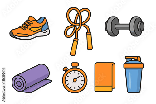 Set of gym and fitness accessories including running shoe, jump rope, dumbbell, yoga mat, stopwatch, and shaker