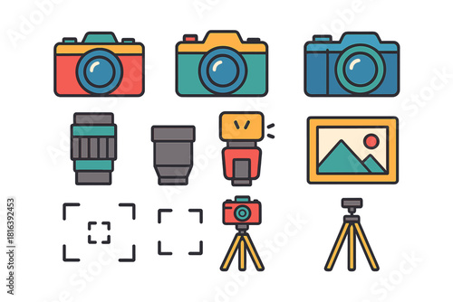 Colorful collection of photography equipment including cameras, lenses, flash, and tripod