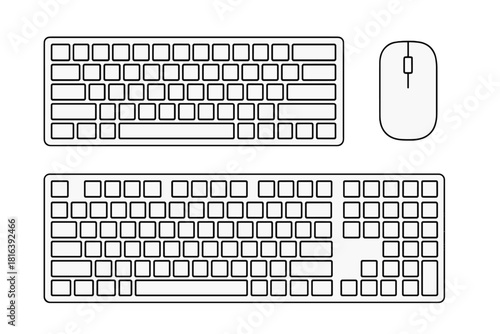 Minimalist outline of two computer keyboards and a wireless mouse peripheral