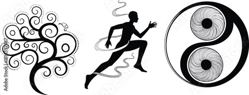 Decorative swirling tree illustration, running man silhouette, flowing energy lines, abstract yin yang symbol art, black and white spiritual vector