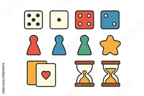Colorful board game pieces set with dice, pawns, playing cards, and sand timers