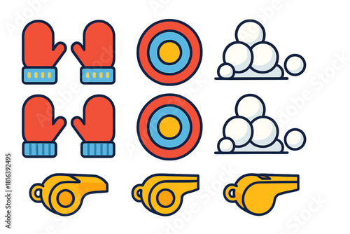 Set of winter activity symbols including warm mittens, bullseye targets, snowballs, and whistles