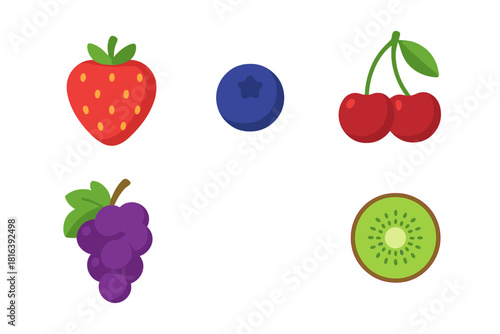 Colorful collection of fresh summer fruits and berries: strawberry, blueberry, cherry, grapes, and kiwi slice