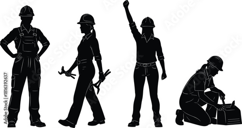 Professional female tradesperson silhouette set, strong woman construction worker in hard hat, holding tools, celebrating success, and fixing equipment vector.