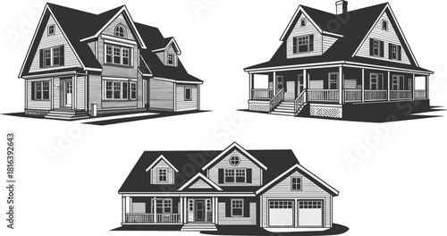 Detailed house illustration set, suburban home designs with porches and gables, architectural residential drawings, vintage style black and white vector