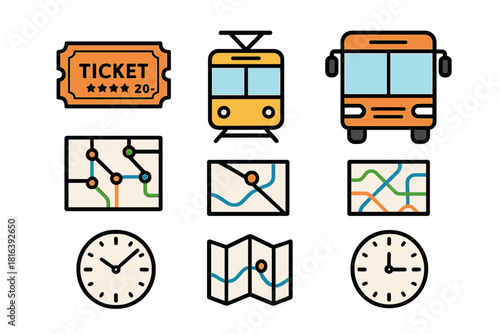 Public transport and travel symbols showing bus, tram, ticket, route maps, and time indicators