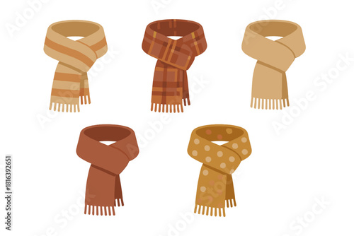 Five different knitted scarves featuring plaid striped solid and polka dot designs for cold weather