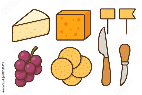 Gourmet cheese board elements set with various cheeses, grapes, crackers, and serving utensils