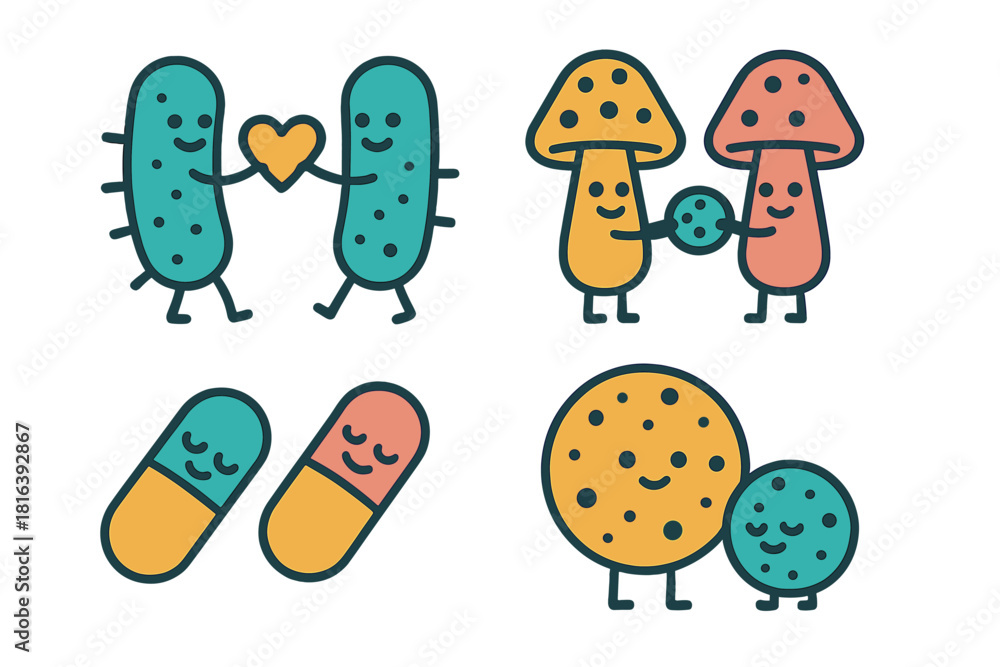 Fototapeta premium Stylized characters of beneficial microbes, fungi, and medical capsules interacting