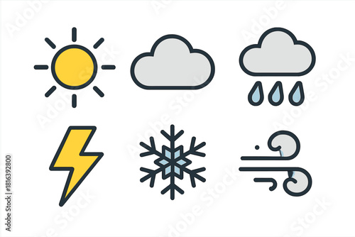 Colorful collection of six weather forecast icons including sun cloud rain lightning snow and wind symbols