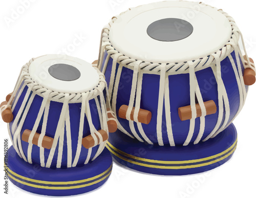 Two Blue Tabla Drums on White Background.