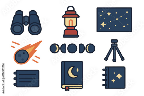 Astronomy and exploration elements featuring binoculars, lantern, constellation map, and moon phases